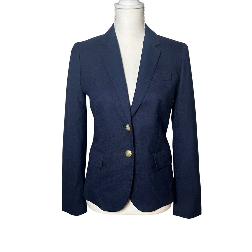 J. Crew Factory Women Blazer Navy Blue Schoolboy Gold 2 Button Wool blend 2